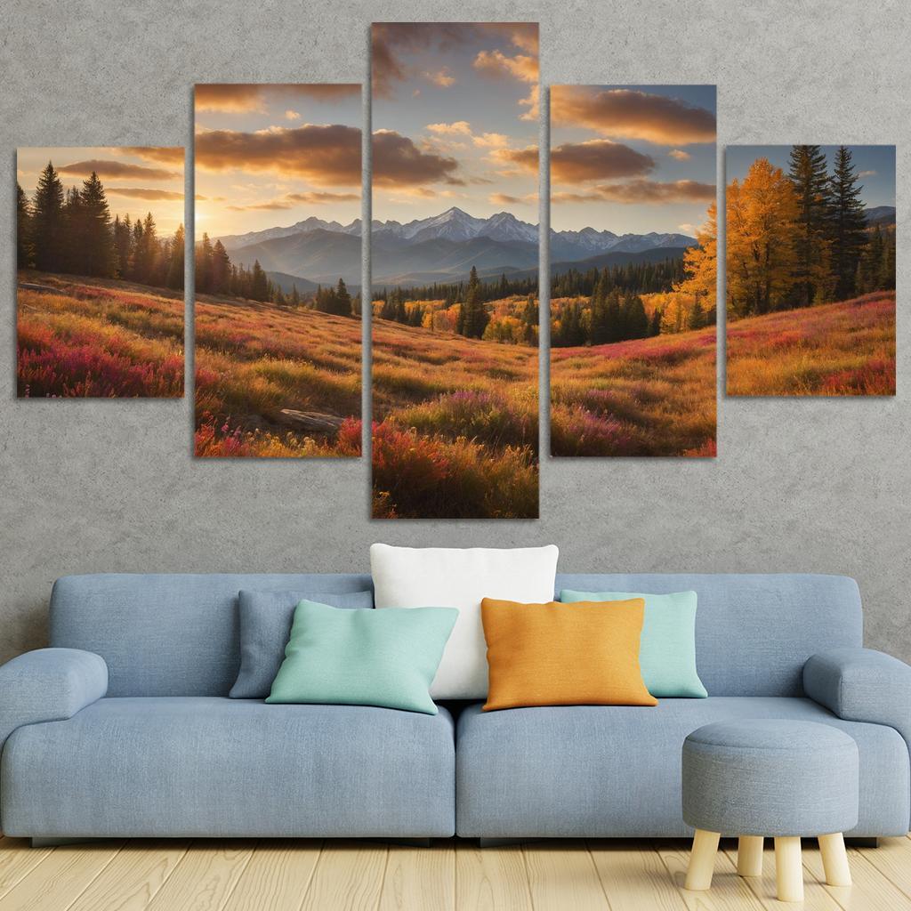 The Radiant Colors of Autumn Meadow 5 Piece HD Canvas Wall Art-Original Frame
