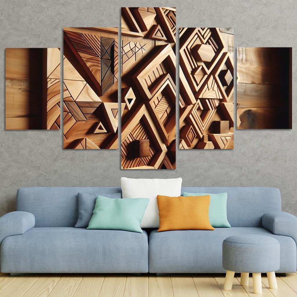 Geometric Wooden Wall Shelves 5 Piece HD Canvas Wall Art-Original Frame