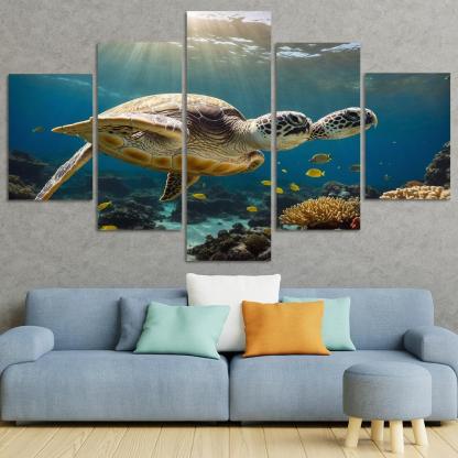 The Enigmatic Green Sea Turtle Gliding Through Coral Reefs Framed Paintings