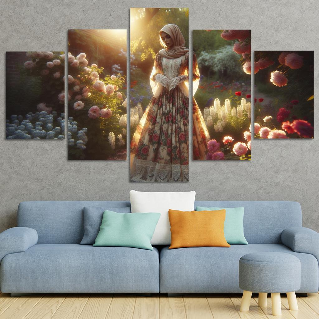 Vintage Floral Nostalgic Prints and Patterns 5 Piece HD Canvas Wall Art-Original Frame