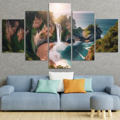 Cascading Waterfalls Beach Modern Paintings Frame