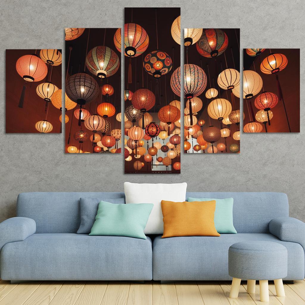 Whimsical Paper Lanterns 5 Piece HD Canvas Wall Art-Original Frame