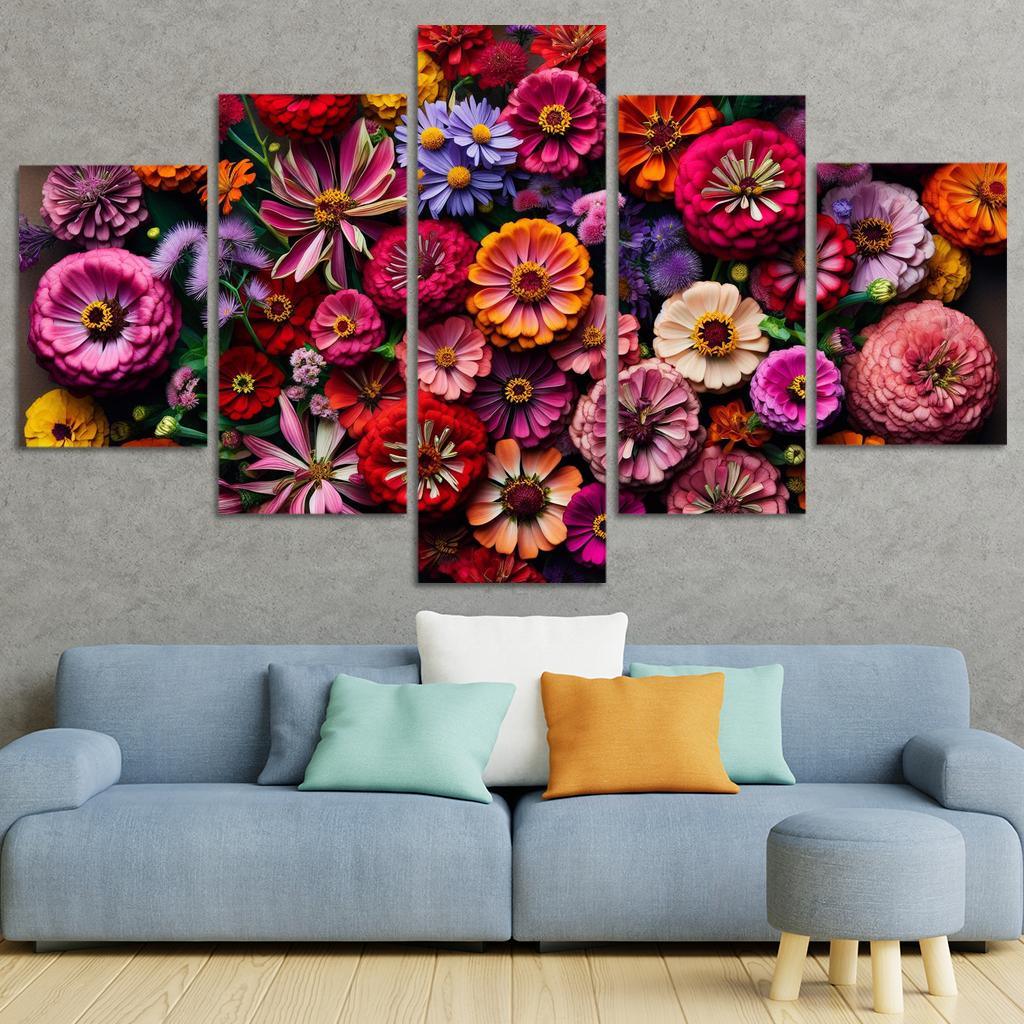 Floral Mosaic A Patchwork of Blooms 5 Piece HD Canvas Wall Art-Original Frame
