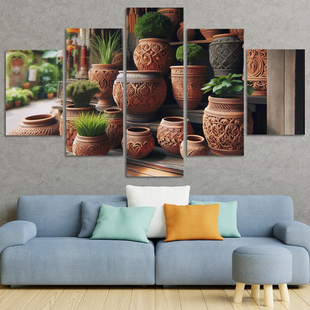 Handcrafted Terracotta Planters 5 Piece HD Canvas Wall Art-Original Frame
