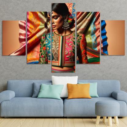 Ethnic Fusion Blending Cultures in Fashion 5 Piece HD Canvas Wall Art-Original Frame