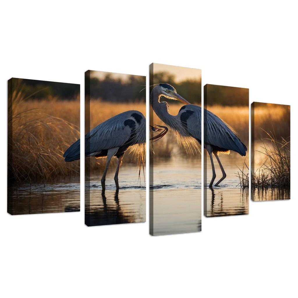 The Majestic Great Blue Heron By The Waterside Framed Paintings