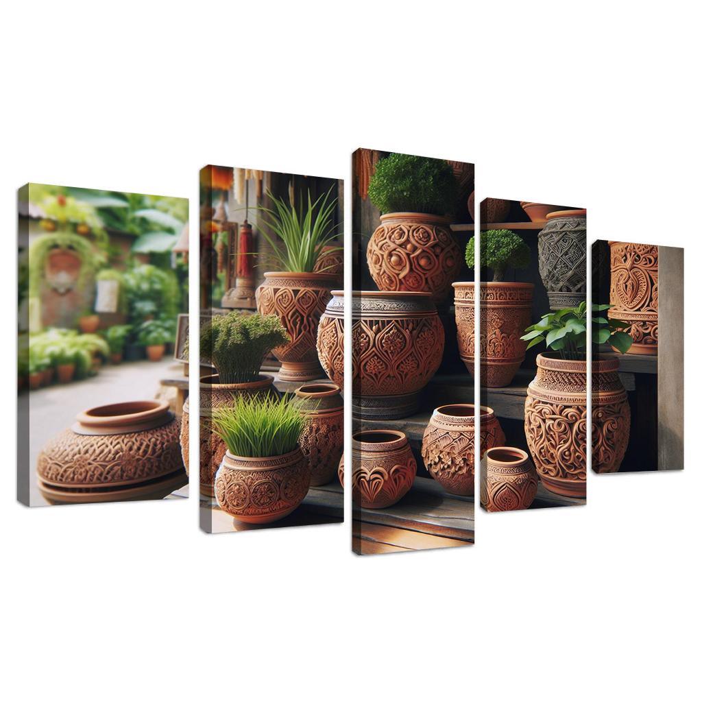 Handcrafted Terracotta Planters 5 Piece HD Canvas Wall Art-Original Frame
