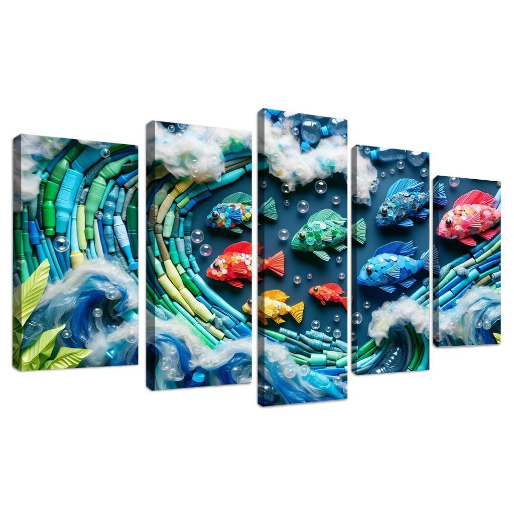 Plastic Ocean Art for Ocean Conservation 5 Piece HD Canvas Wall Art-Original Frame