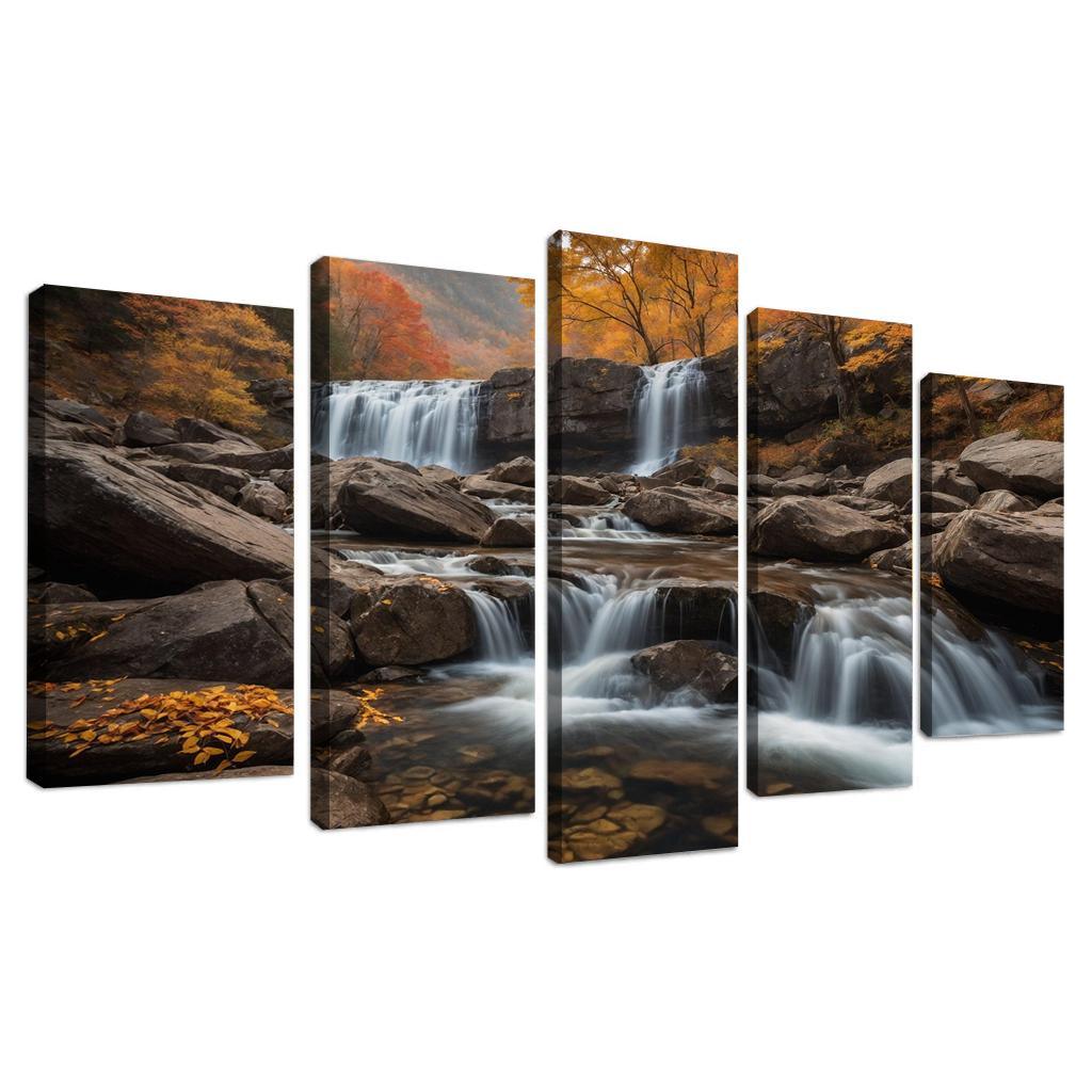 The Golden Cascade Of Autumn Waterfall Multi-panel Paintings