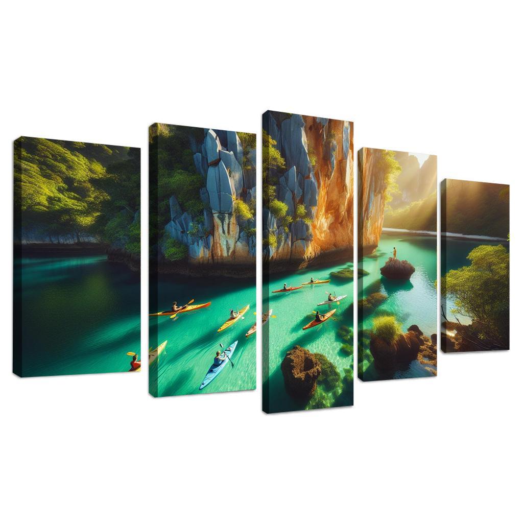 Emerald Shore Kayaking And Scenic Views Modern Paintings Frame