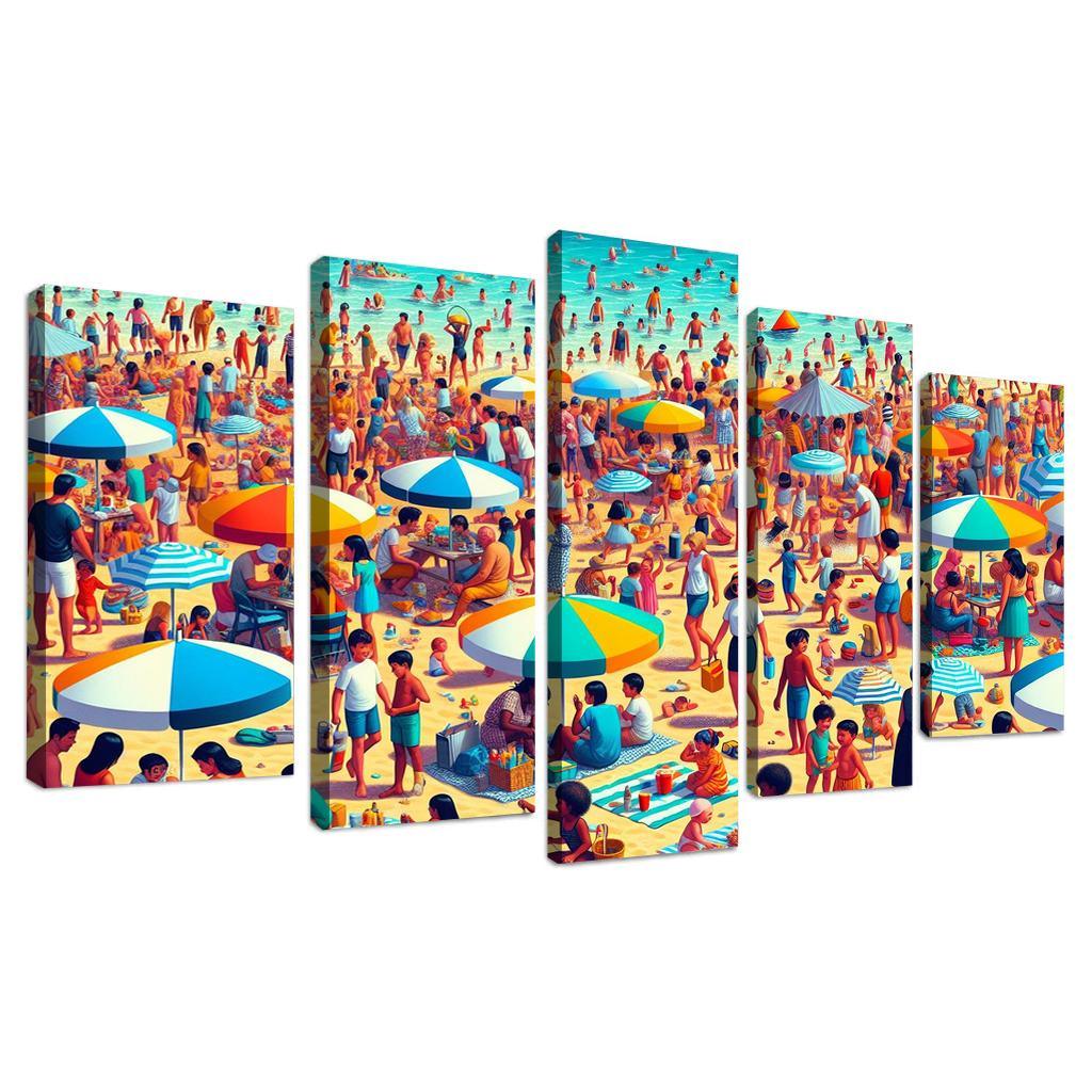 Colorful Haven Family Beach Activities Modern Paintings Frame