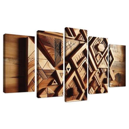 Geometric Wooden Wall Shelves 5 Piece HD Canvas Wall Art-Original Frame