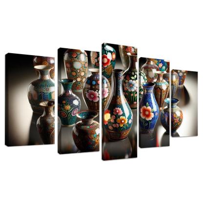 Ceramic Hand-Painted Vases 5 Piece HD Canvas Wall Art-Original Frame