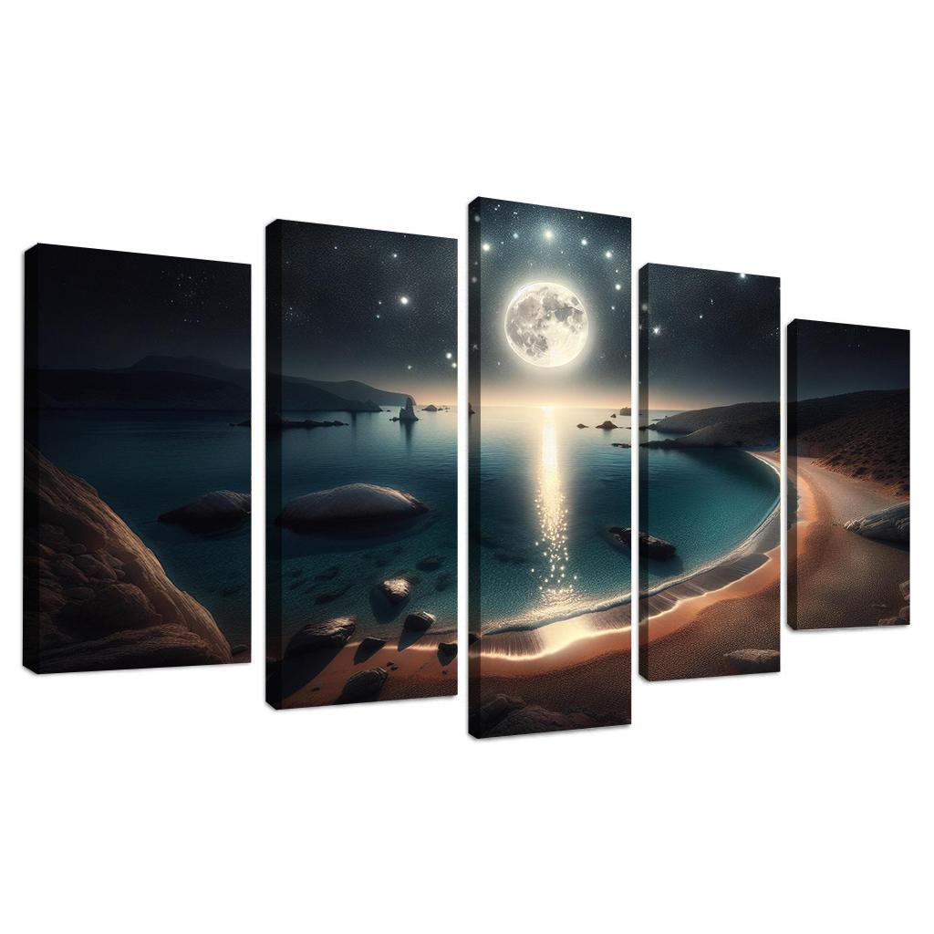 Moonlit Harbor A Coastal Retreat for Stargazers 5 Piece HD Canvas Wall Art-Original Frame