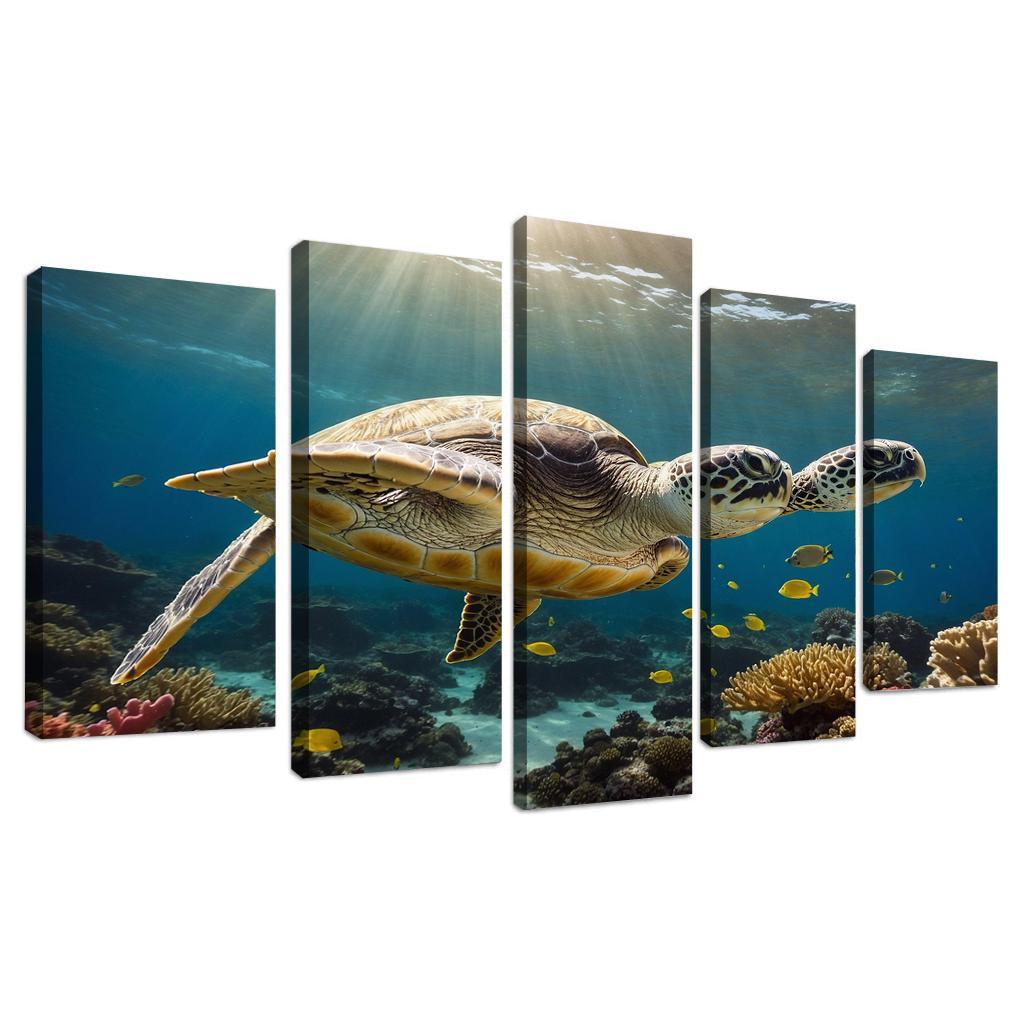 The Enigmatic Green Sea Turtle Gliding Through Coral Reefs Framed Paintings