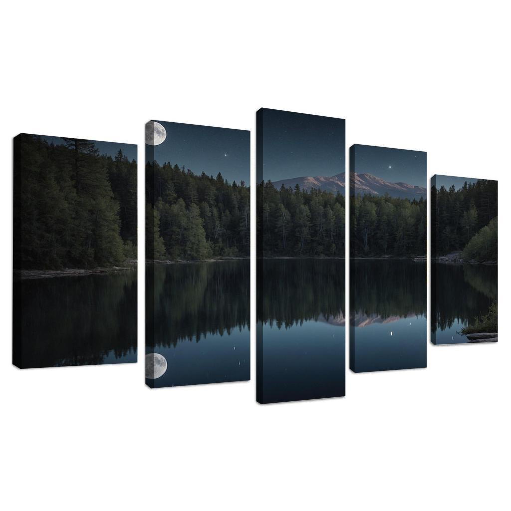 The Tranquil Reflections Of Midnight Lake Multi-panel Paintings