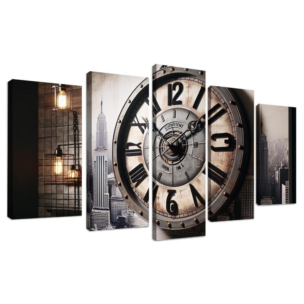 Industrial-Style Wall Clock with Distressed Finish 5 Piece HD Canvas Wall Art-Original Frame