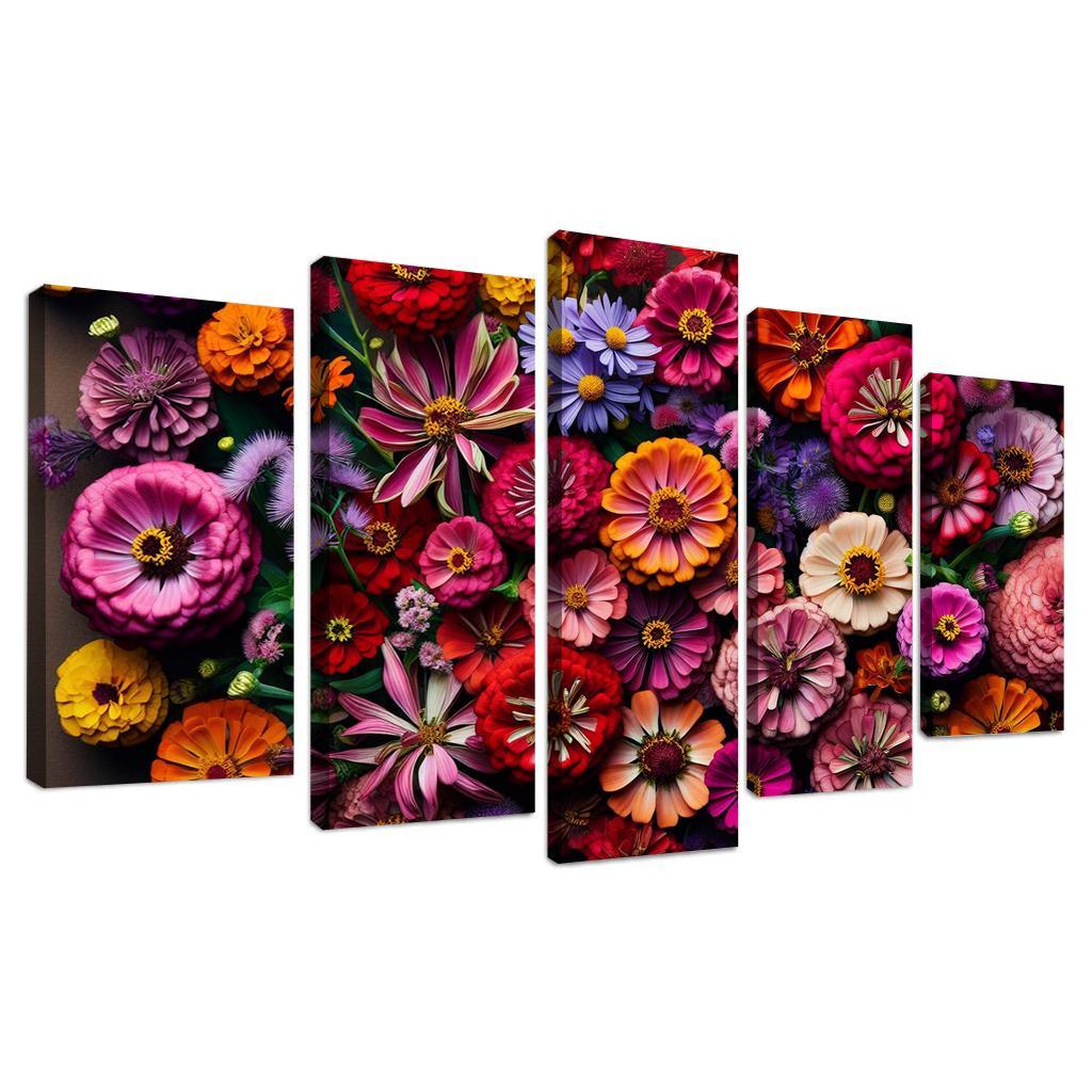 Floral Mosaic A Patchwork of Blooms 5 Piece HD Canvas Wall Art-Original Frame