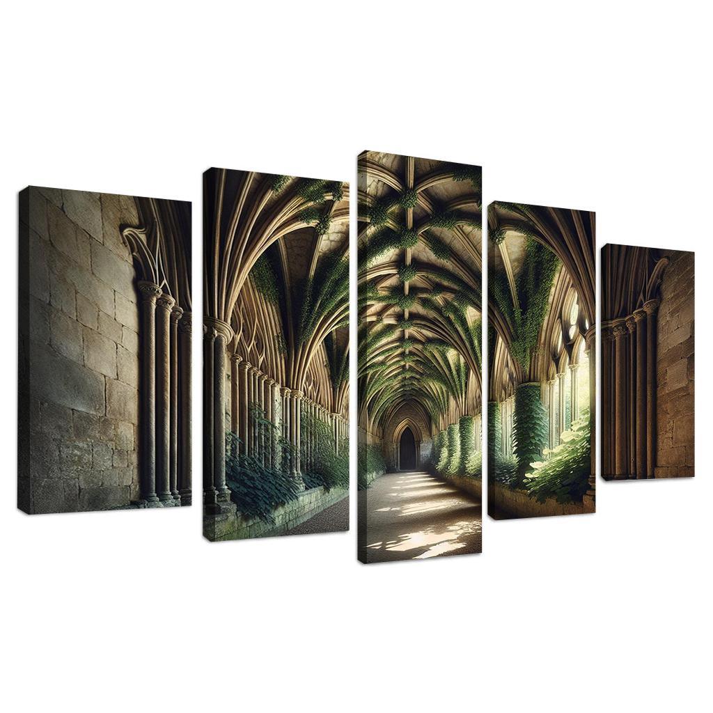 Gothic Cloister Embracing Nature's Shadows 5 Piece HD Canvas Wall Art-Original Frame