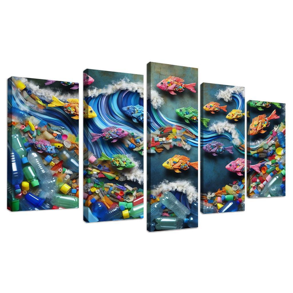 Plastic Ocean Art for Ocean Conservation 5 Piece HD Canvas Wall Art-Original Frame