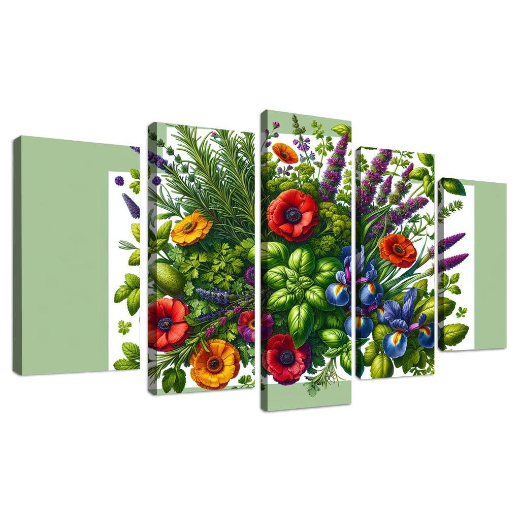 Aromatic Garden The Herb and Blossom Fusion 5 Piece HD Canvas Wall Art-Original Frame