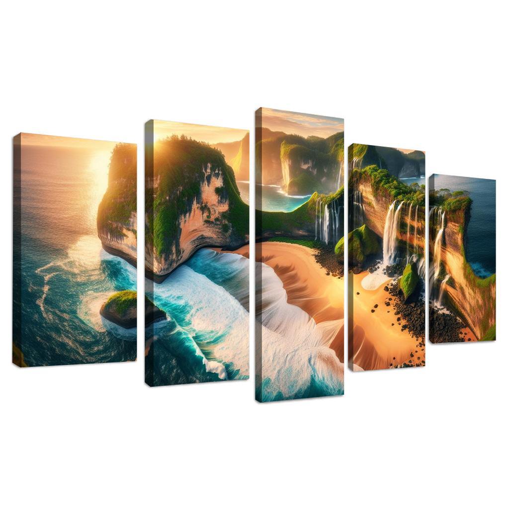Cascading Waterfalls Beach Natural Wonder Oil Paintings Frame