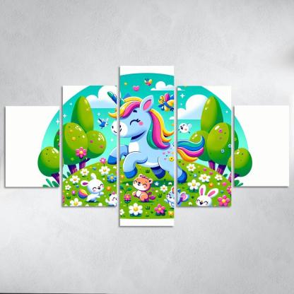 Rainbow Unicorn Friends 5 Piece HD Canvas Wall Art-Original Frame