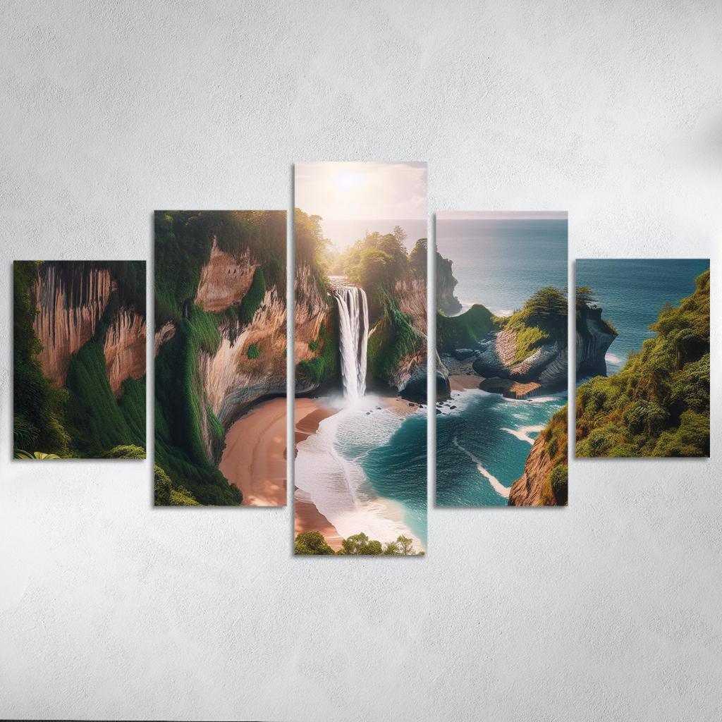 Cascading Waterfalls Beach Modern Paintings Frame