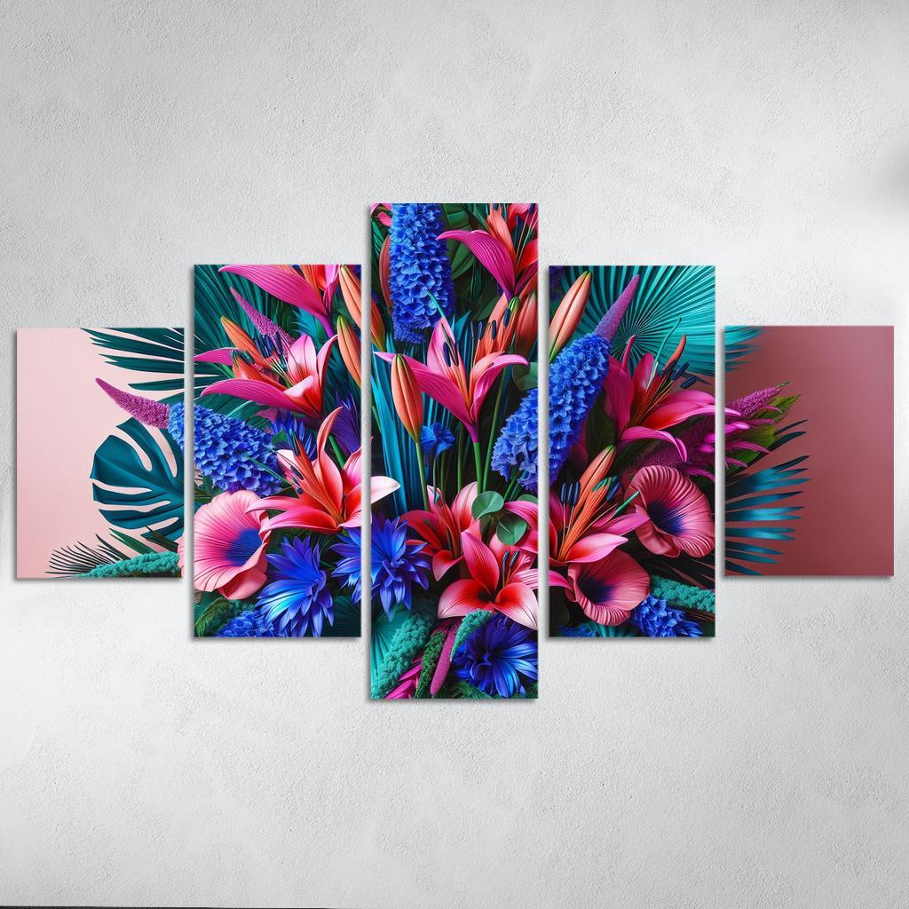 Glistening Tropics A Coastal Floral Experience 5 Piece HD Canvas Wall Art-Original Frame