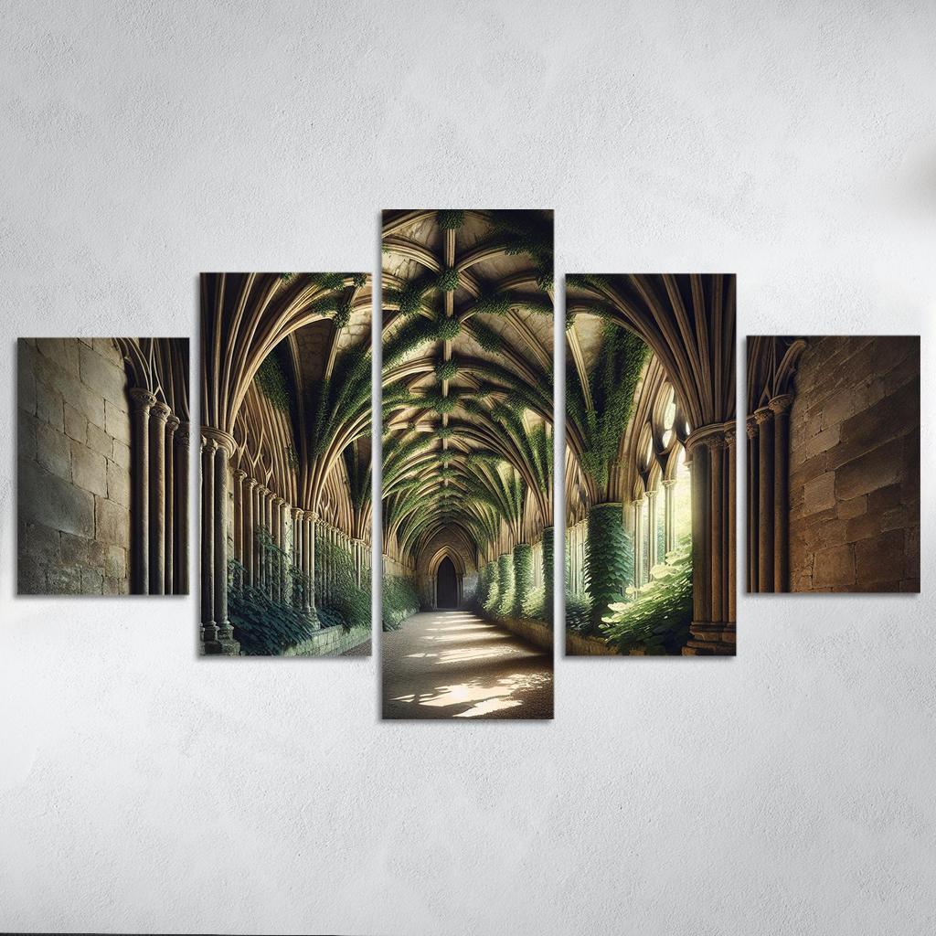 Gothic Cloister Embracing Nature's Shadows 5 Piece HD Canvas Wall Art-Original Frame
