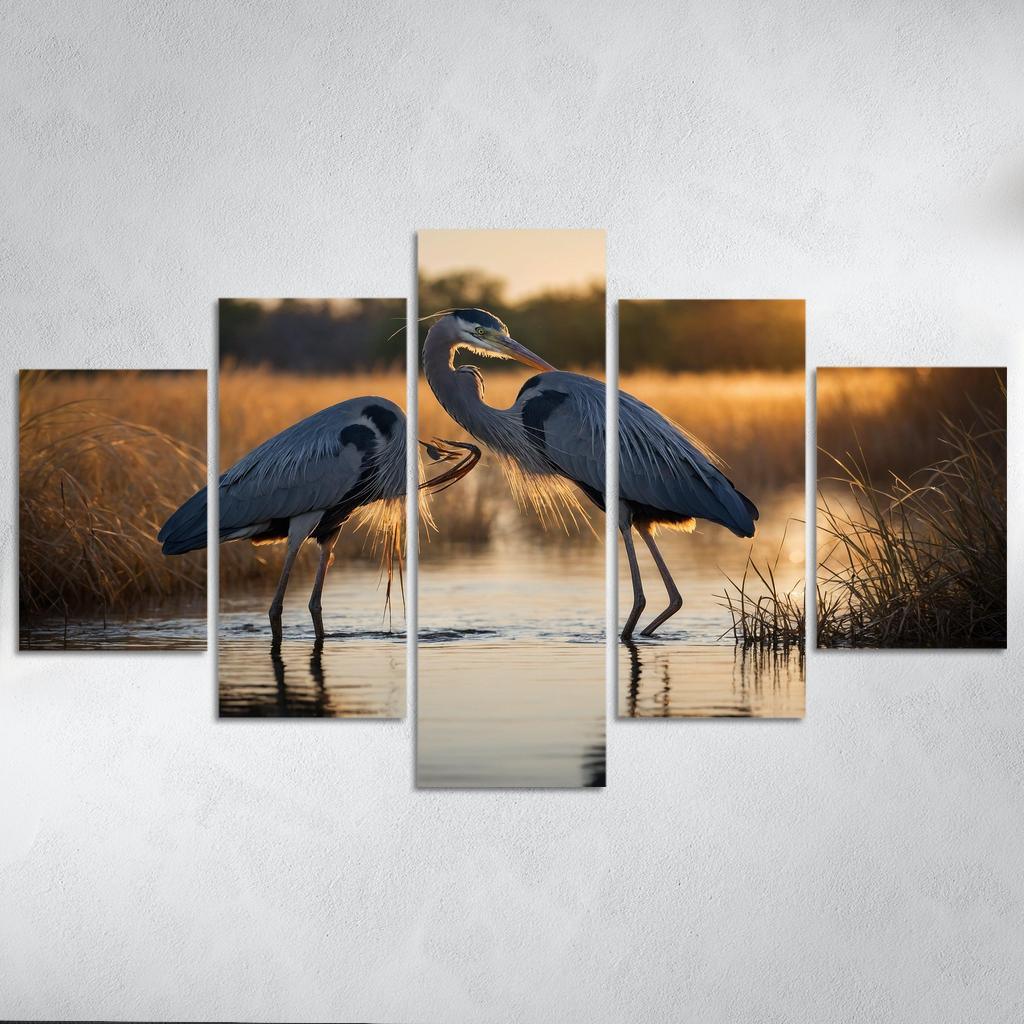 The Majestic Great Blue Heron By The Waterside Framed Paintings
