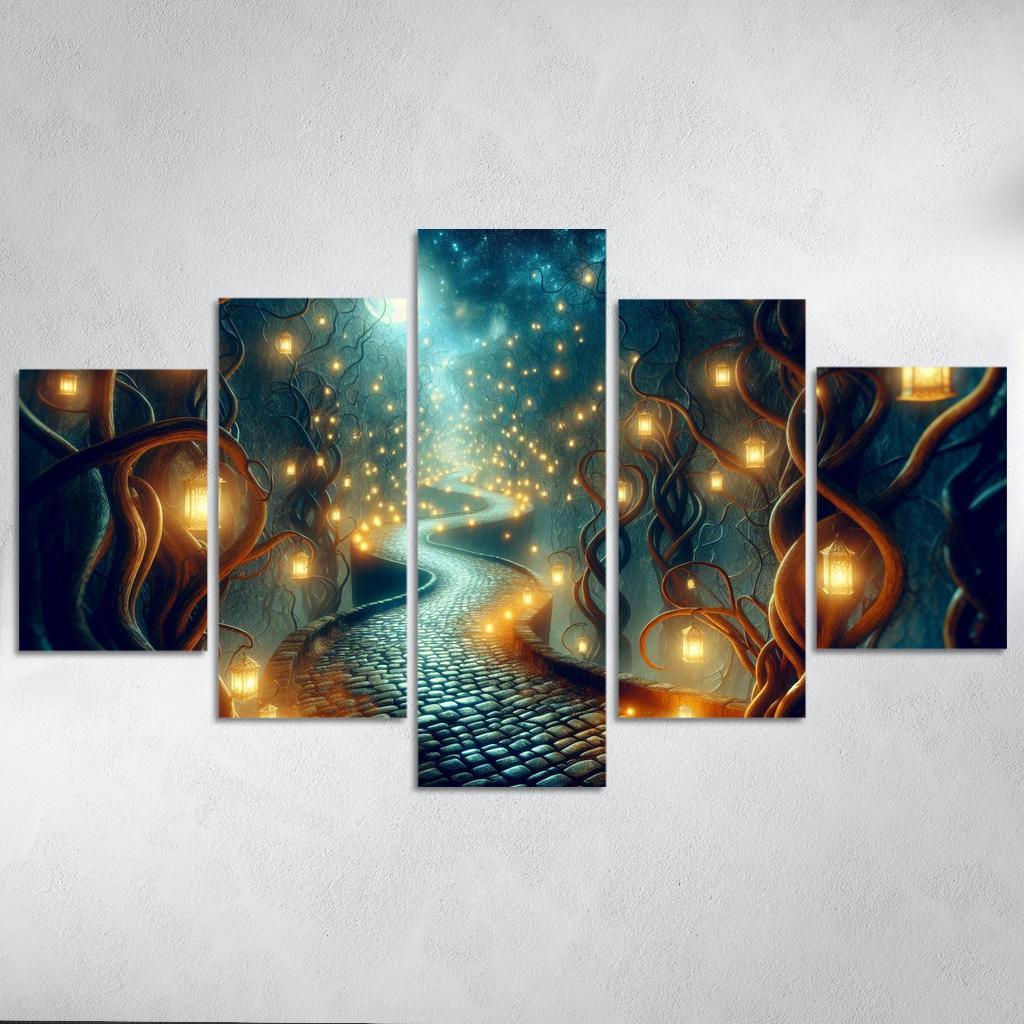 Moonlit Pathway The Journey of Shadows 5 Piece HD Canvas Wall Art-Original Frame