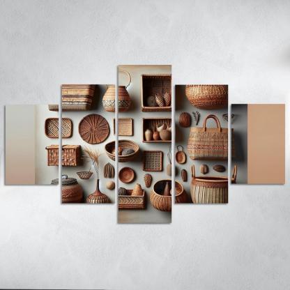 Artisan-Made Woven Baskets 5 Piece HD Canvas Wall Art-Original Frame