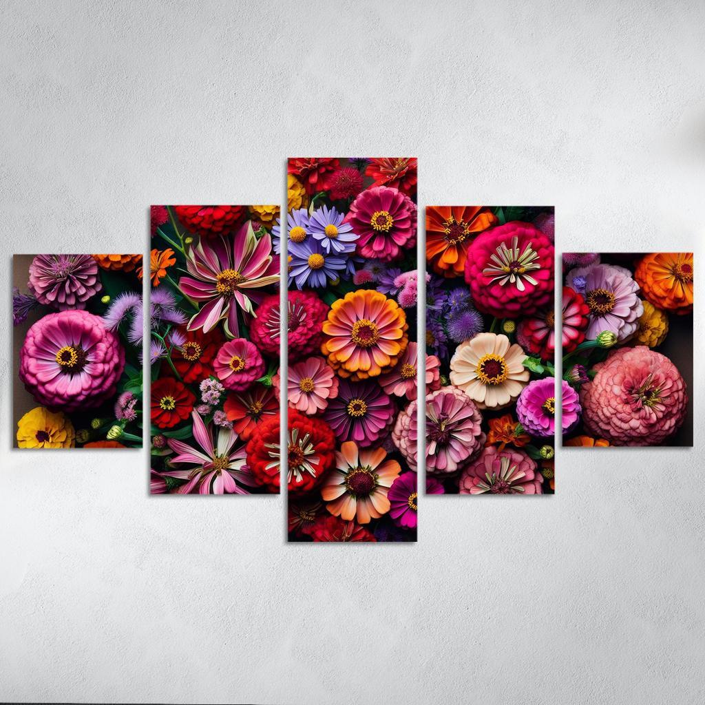 Floral Mosaic A Patchwork of Blooms 5 Piece HD Canvas Wall Art-Original Frame