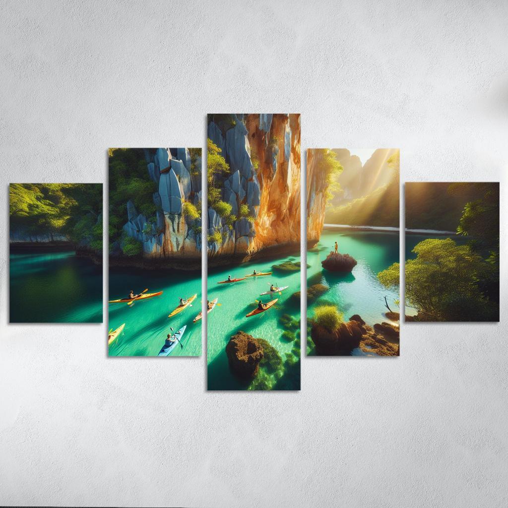 Emerald Shore Kayaking And Scenic Views Modern Paintings Frame
