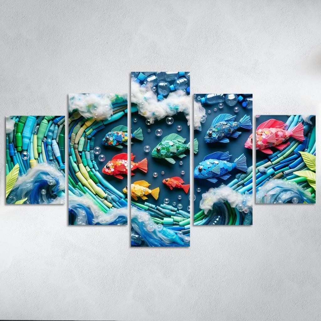 Plastic Ocean Art for Ocean Conservation 5 Piece HD Canvas Wall Art-Original Frame