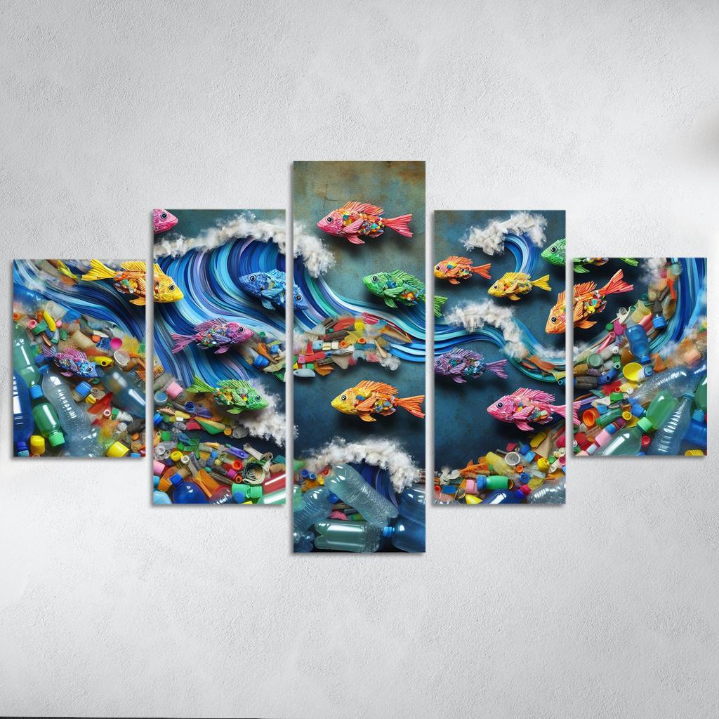 Plastic Ocean Art for Ocean Conservation 5 Piece HD Canvas Wall Art-Original Frame