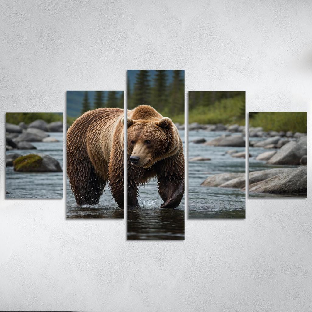 The Majestic Alaskan Brown Bear In A Mountain Stream Framed Paintings