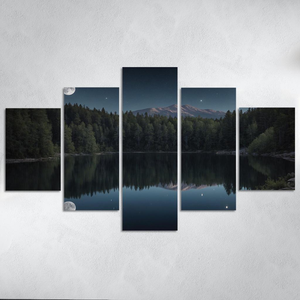 The Tranquil Reflections Of Midnight Lake Multi-panel Paintings
