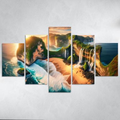 Cascading Waterfalls Beach Natural Wonder Oil Paintings Frame