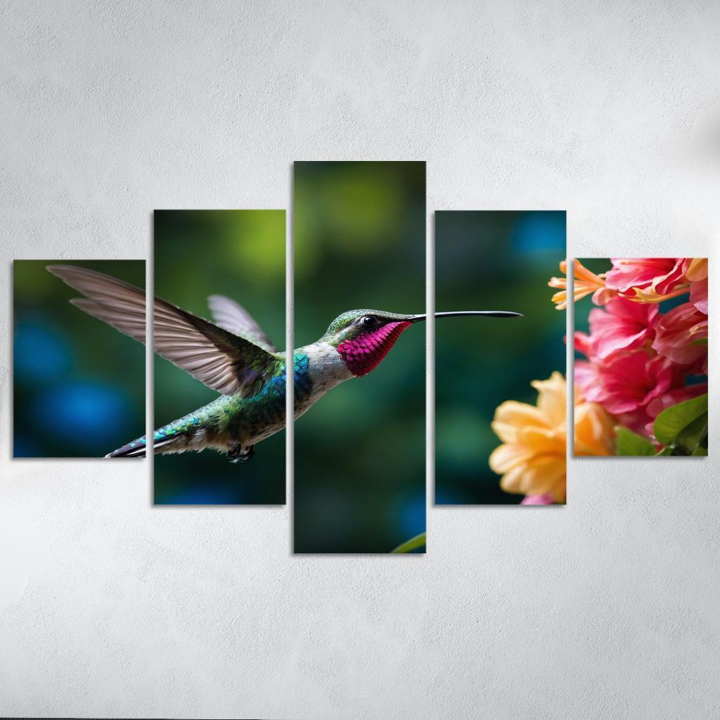 The Enchanting Hummingbird Among Tropical Flowers Framed Paintings