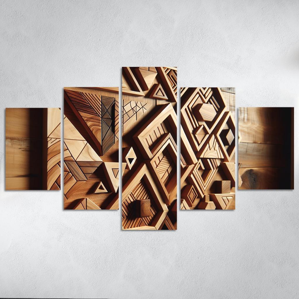Geometric Wooden Wall Shelves 5 Piece HD Canvas Wall Art-Original Frame
