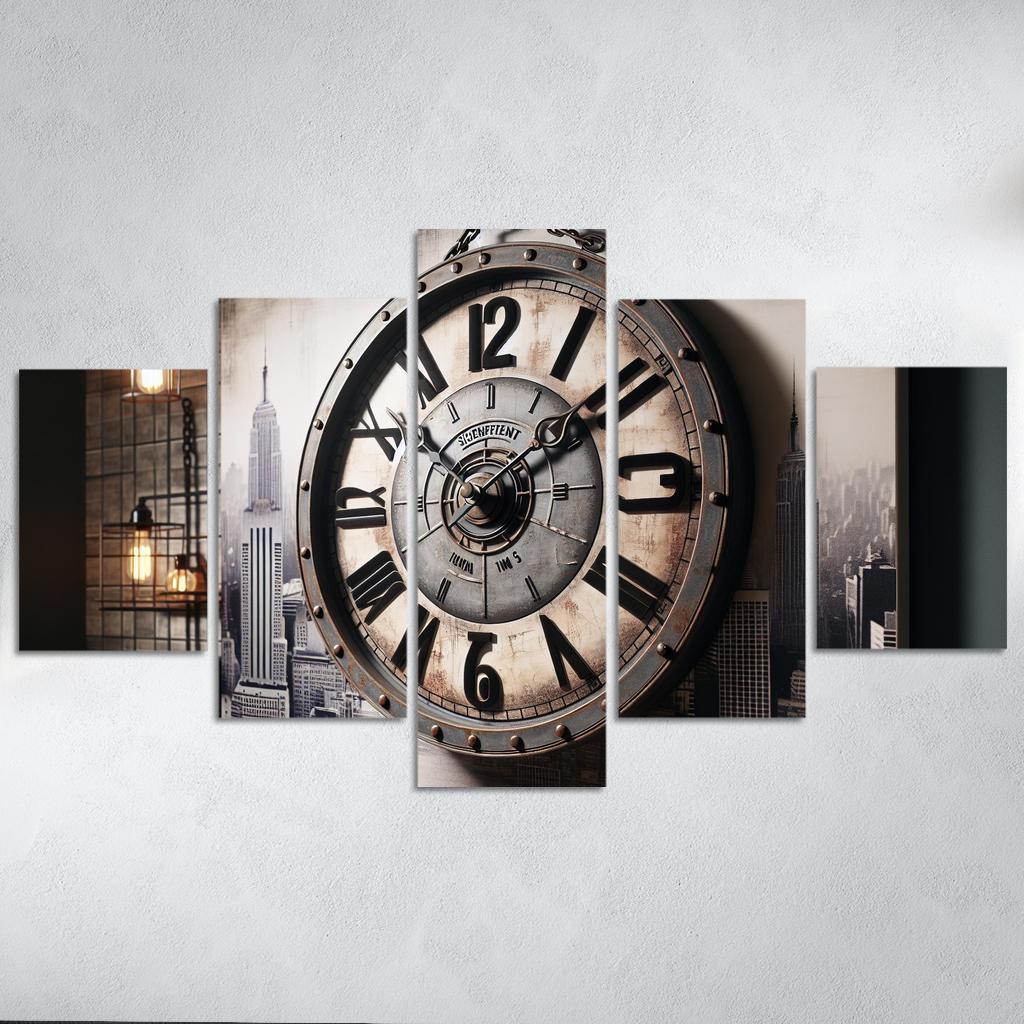 Industrial-Style Wall Clock with Distressed Finish 5 Piece HD Canvas Wall Art-Original Frame