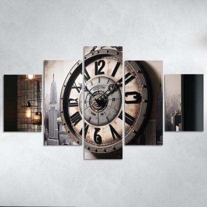 Industrial-Style Wall Clock with Distressed Finish 5 Piece HD Canvas Wall Art-Original Frame