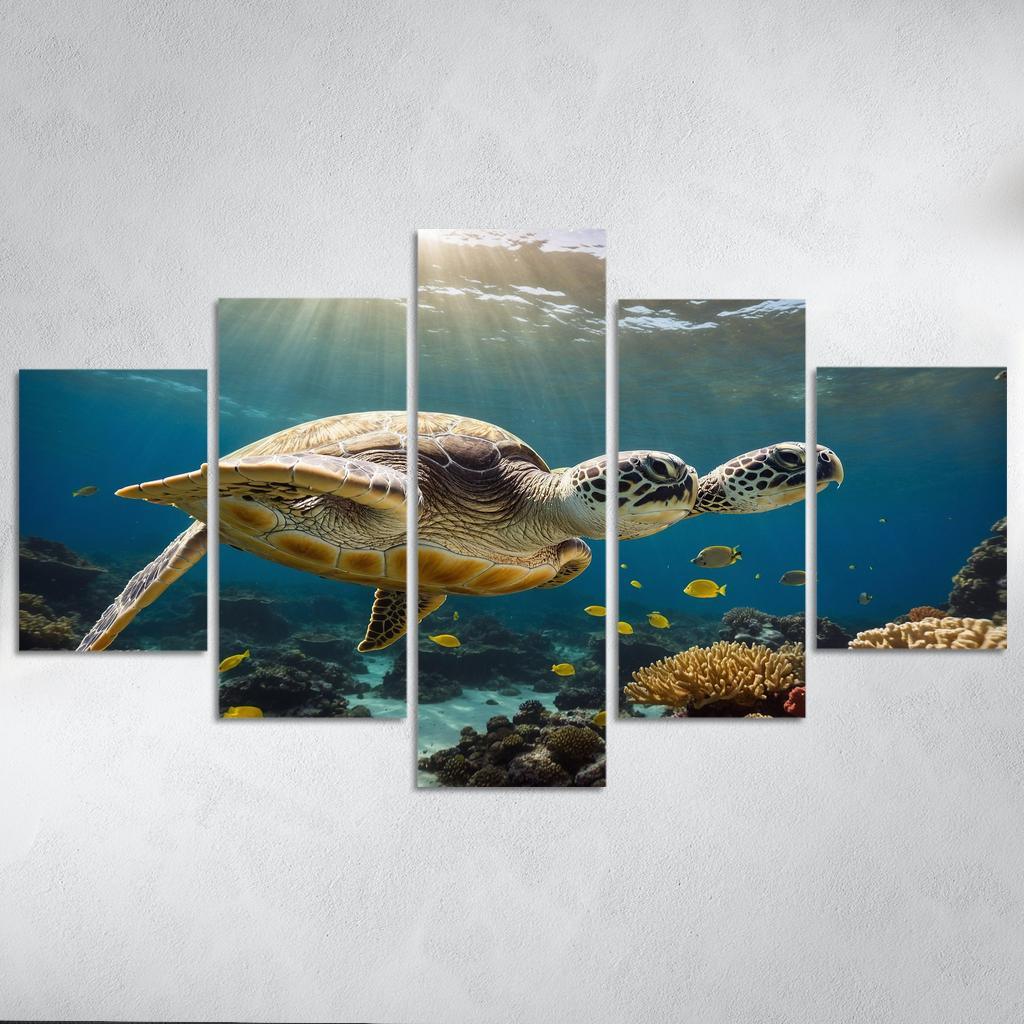 The Enigmatic Green Sea Turtle Gliding Through Coral Reefs Framed Paintings
