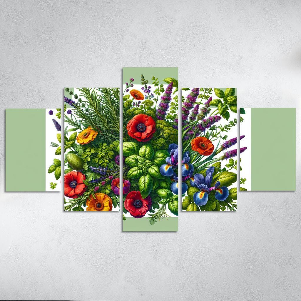 Aromatic Garden The Herb and Blossom Fusion 5 Piece HD Canvas Wall Art-Original Frame
