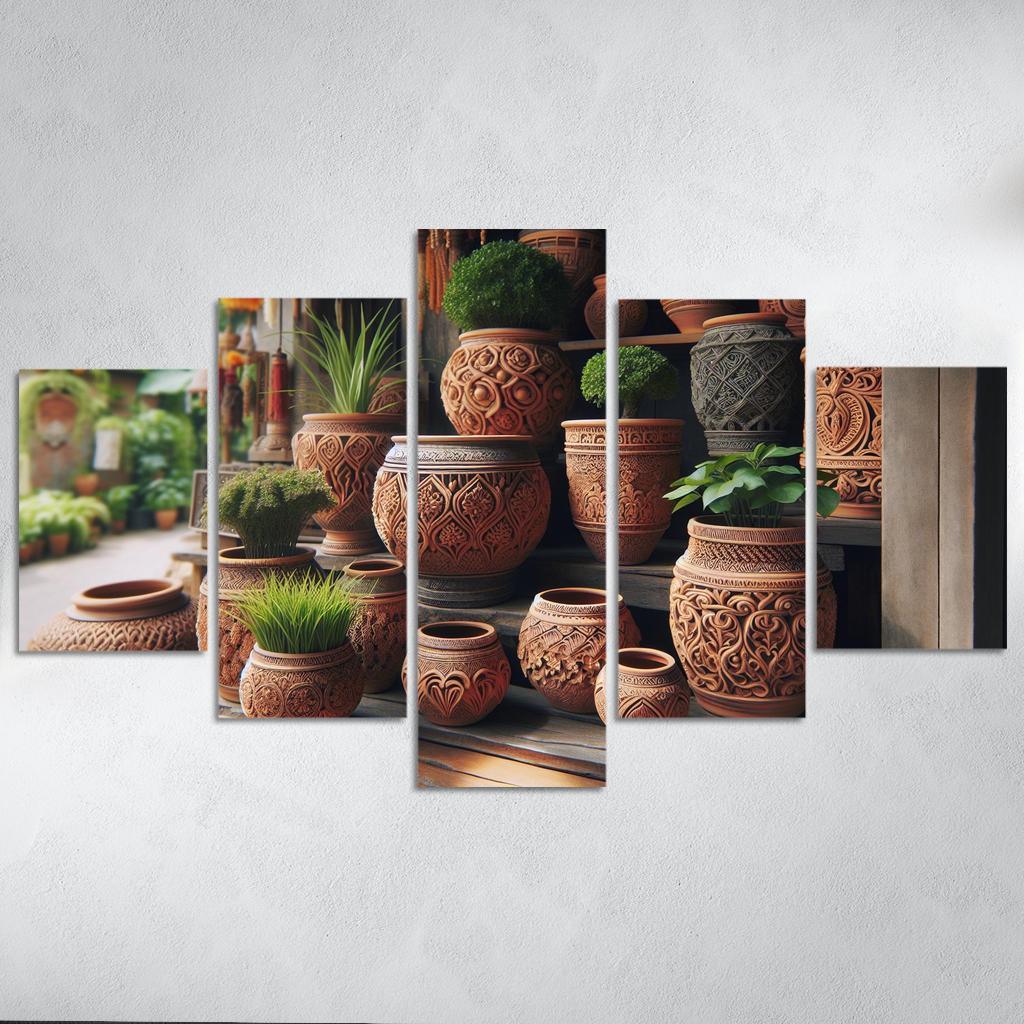 Handcrafted Terracotta Planters 5 Piece HD Canvas Wall Art-Original Frame