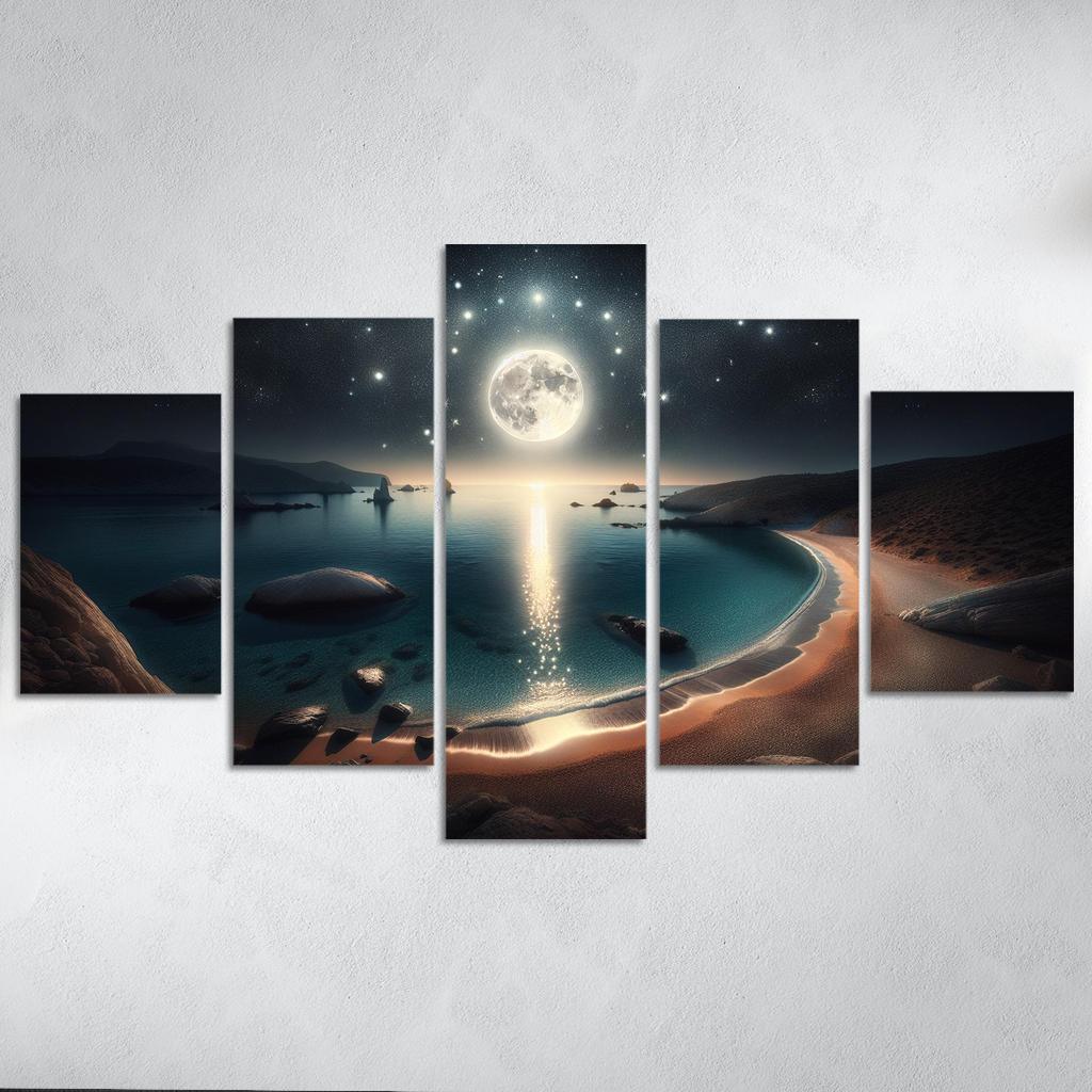 Moonlit Harbor A Coastal Retreat for Stargazers 5 Piece HD Canvas Wall Art-Original Frame