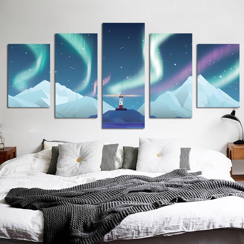 Aurora Lighthouse 5 Piece HD Multi Panel Canvas Wall Art Frame-Original Frame