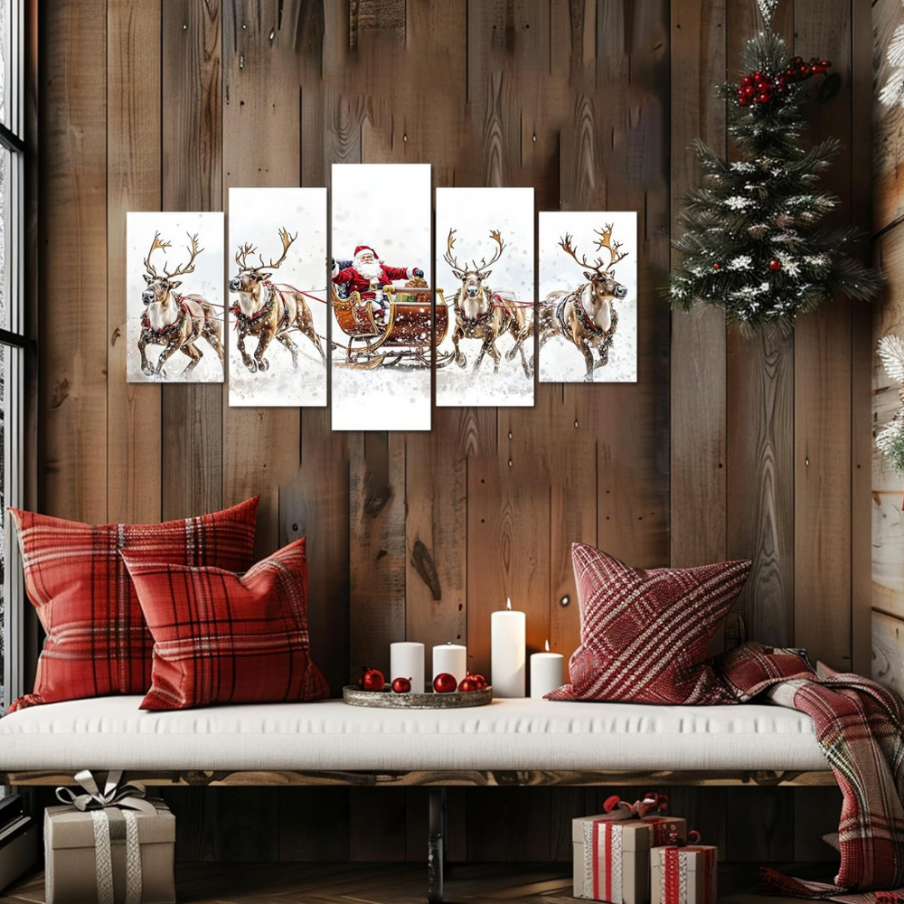 5 Piece Christmas Canvas Wall Art Santa Claus Reindeer Sleigh Decor